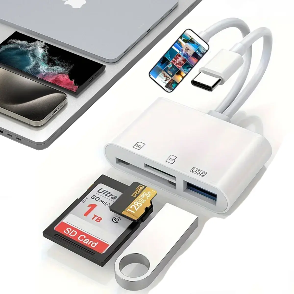 USB C & Lightning Card Reader, 3 in 1 Memory Card Adapter with SD, Micro SD & USB Port for iPhone, iPad, MacBook, Camera, USB Flash Drive