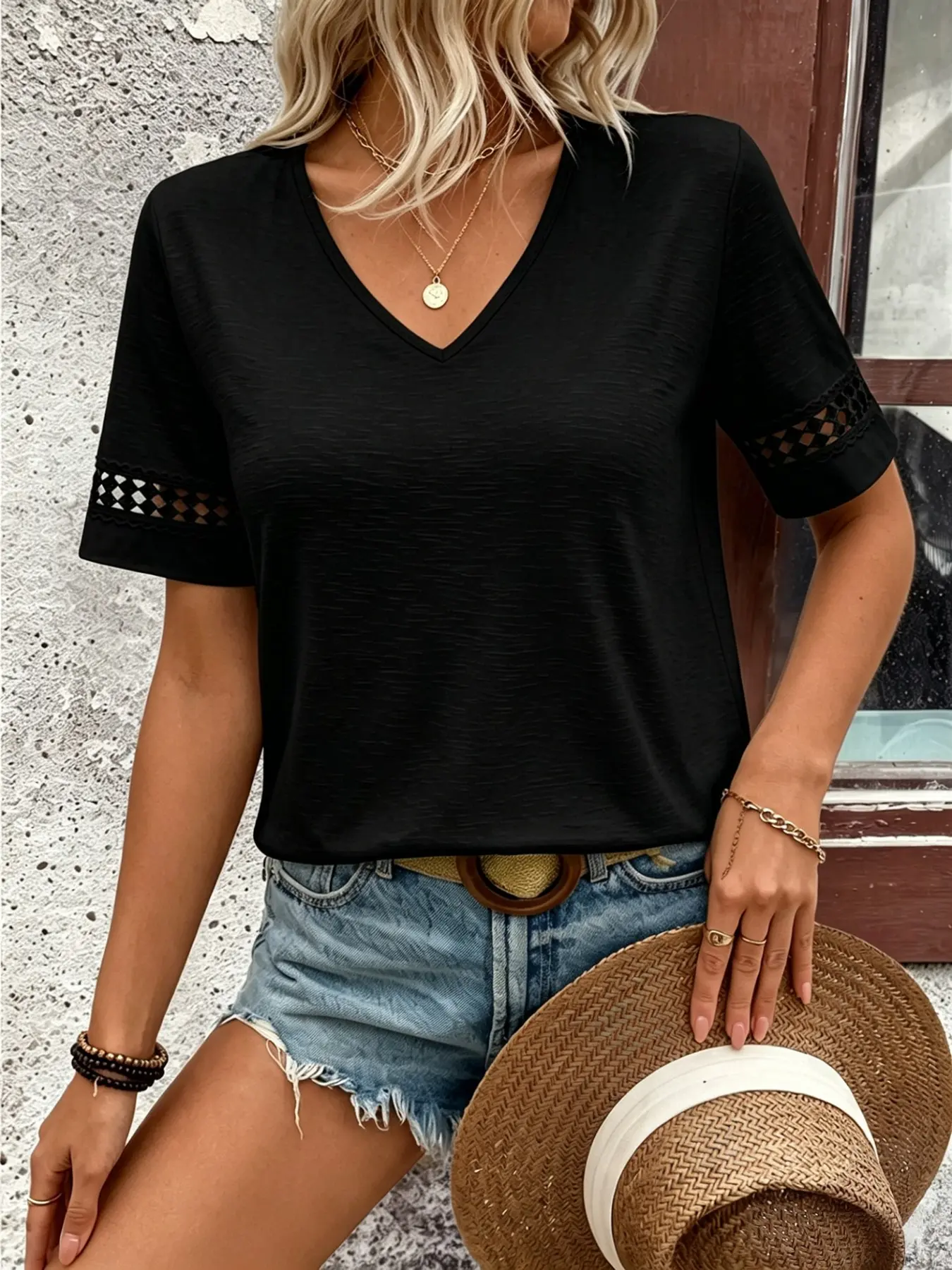 Women's Casual V-Neck Short Sleeve T-Shirt, Solid Color, Slim-Fitting, Summer Wear, Plain Surface, Unlined, Without Button