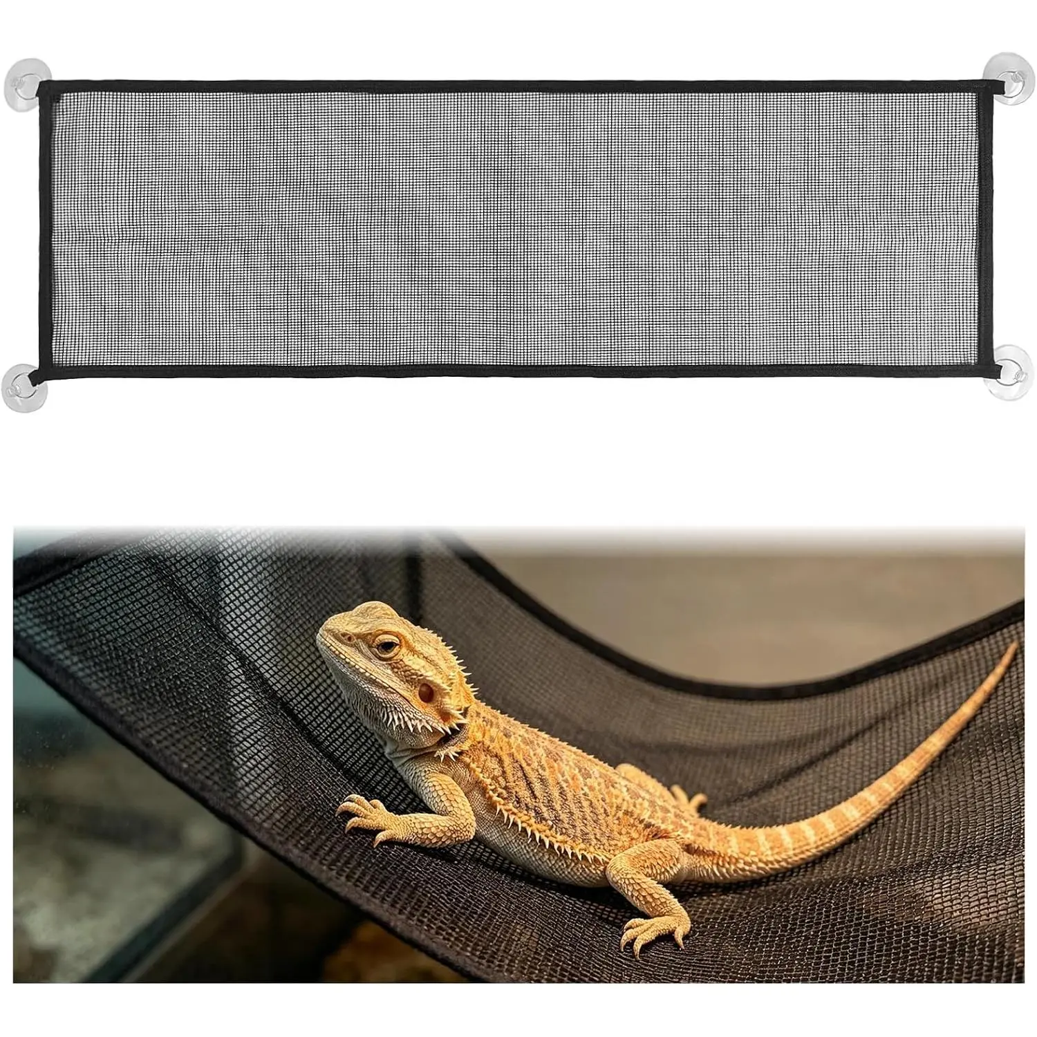 Bearded Dragon Hammock 28.74"x8.66", Nylon Mesh Reptile Lounger with 4 Suction Cups, Breathable Resting Bed for Lizards & Geckos (Black, 1 Pack)
