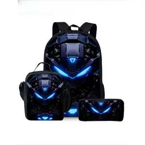 Robot-themed three-piece backpack set, including a printed backpack, lunch bag, pencil case, and backpack, School Backpack, Geek Bag