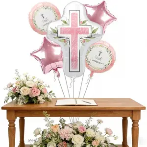 5 Floral Cross First Communion Aluminum Foil Balloons, Star Round Glossy Balloon Set, Girl First Communion Party Decor, Baptism Event Decoration