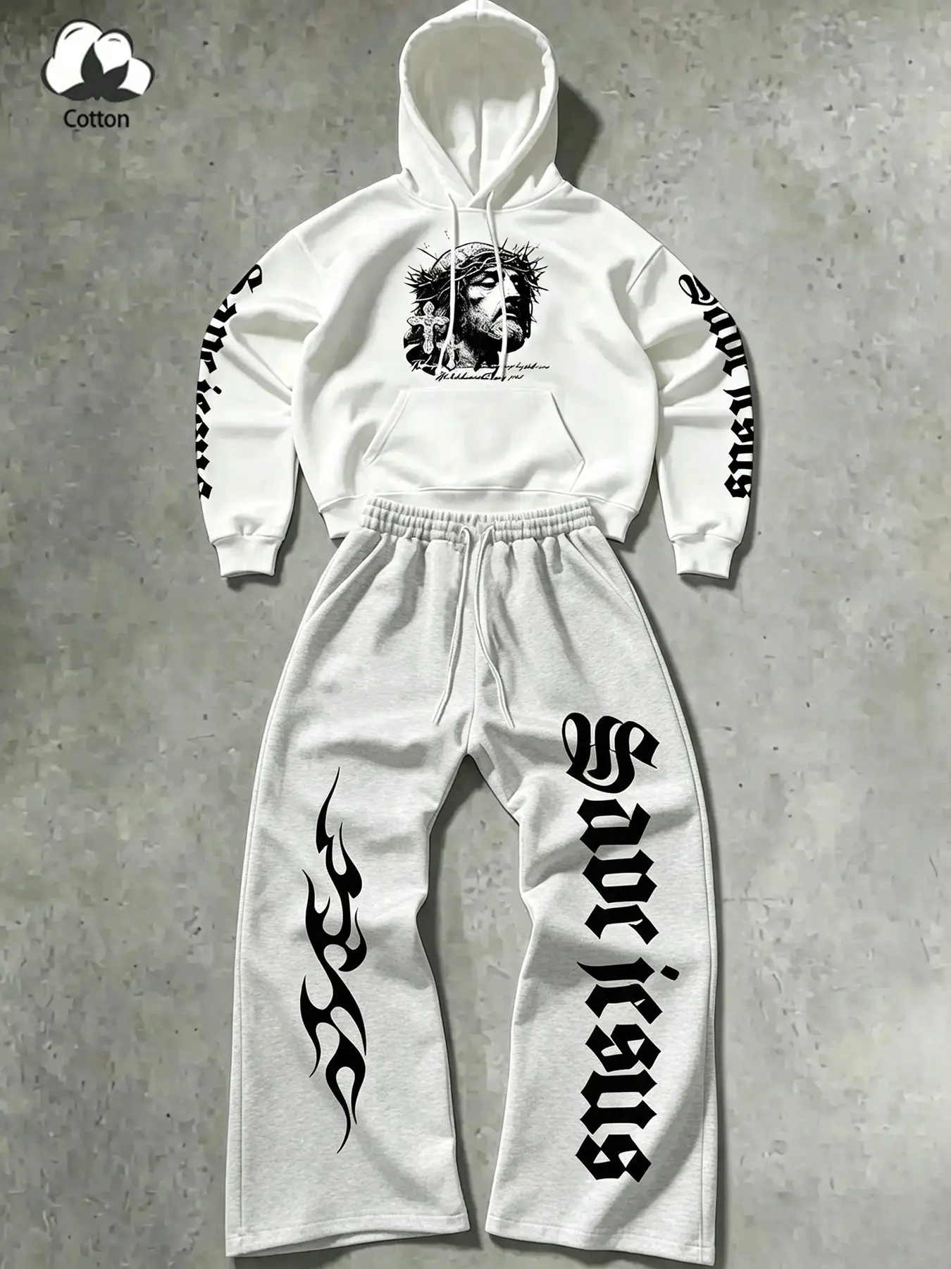 Unisex 4 Seasons Cotton Hoodie Tracksuit, Gothic Jesus Graphic Long Sleeve Hoodie With Flame Printed Wide Leg Sweatpants, Oversized Fit For Daily Street Hip Hop Wear, Emo Grunge Y2K Dark Academia Alt Style Rare Aesthetic