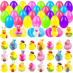 24 Pcs Prefilled Easter Eggs with Bunny Duckies,Bright Colorful Easter Eggs Prefilled with Variety Duckies  Fun Bath Bunny Duckies, Easter Basket Stuffers and Bathtub Toys Party Favors