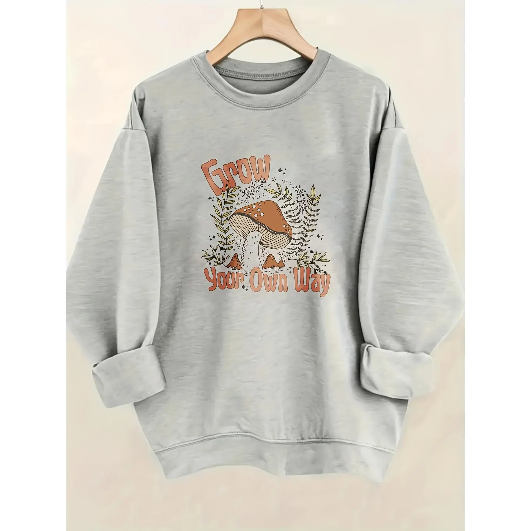 Casual Crewneck Sweatshirt Featuring a Cartoon Print of Mushrooms - Perfect for Daily Use And Autumn/Winter Style for Women