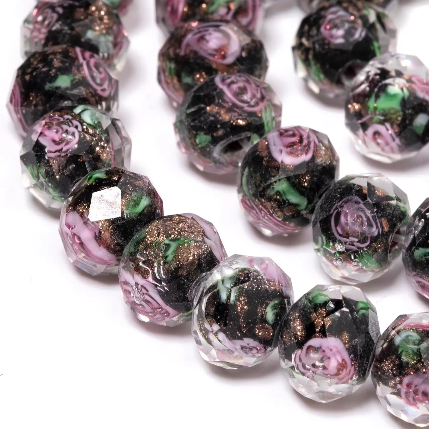 50-Count 8-10mm Rose Pattern Faceted Black Murano Glass Beads, Lampwork Beading Supplies for Bracelet, Rosary Crafting