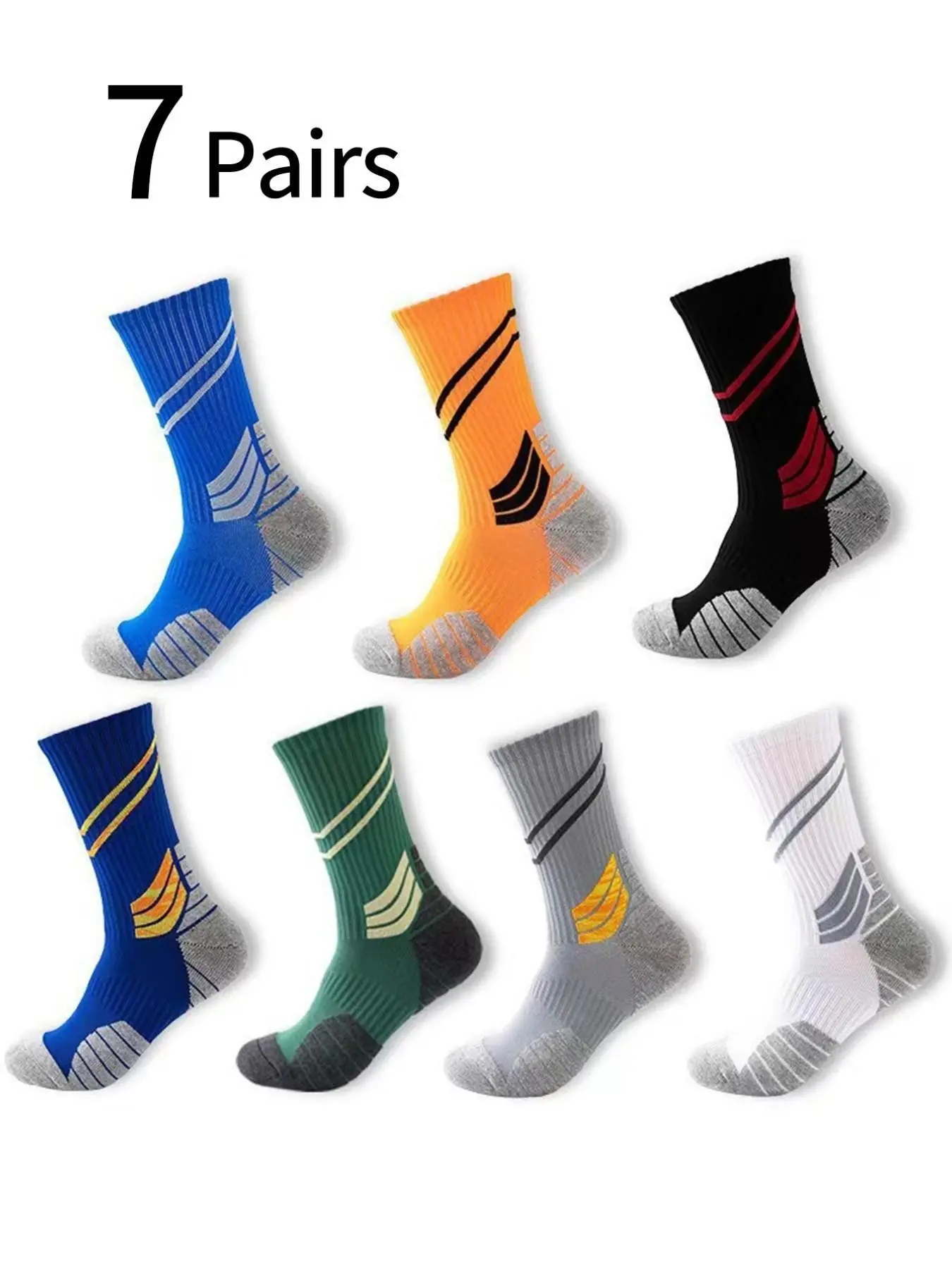 7 Pairs Men's Socks, Colorful Mid-Calf Sports Socks, Running Basketball Soccer Socks, High Top Thick Bottom, Anti-Slip Comfort, All Seasons