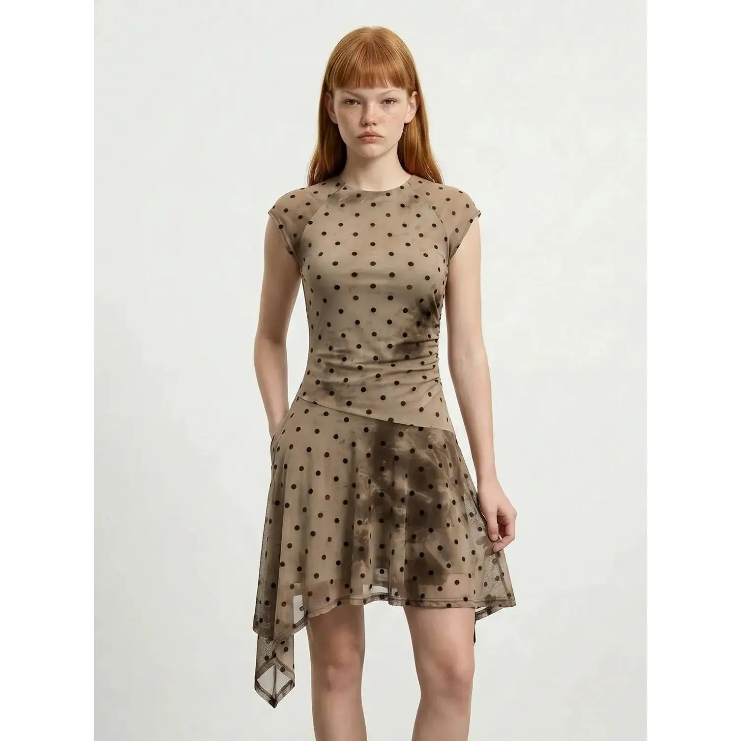 URBAN REVIVO Women's Fitted Polka Dot Cocktail Dress, Sheer A-Line Mini with Cap Sleeves and an Asymmetric Hem, Brown Printed, Elegant, Mesh, Round Neck, Sheer Dress, Polyester Blend