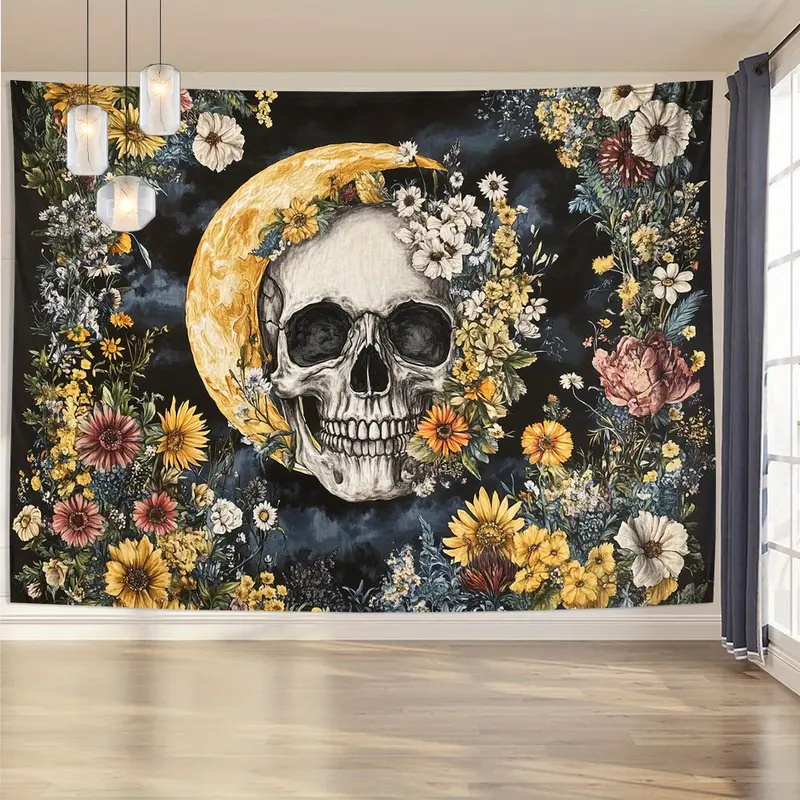 Floral Skull & Moon Tapestry, Gothic Crescent Moon Wildflower Wall Hanging. Dark Cottagecore Psychedelic Large Durable Custom Wall Art. Perfect Decor for Bedroom, Dorm & Living Room.