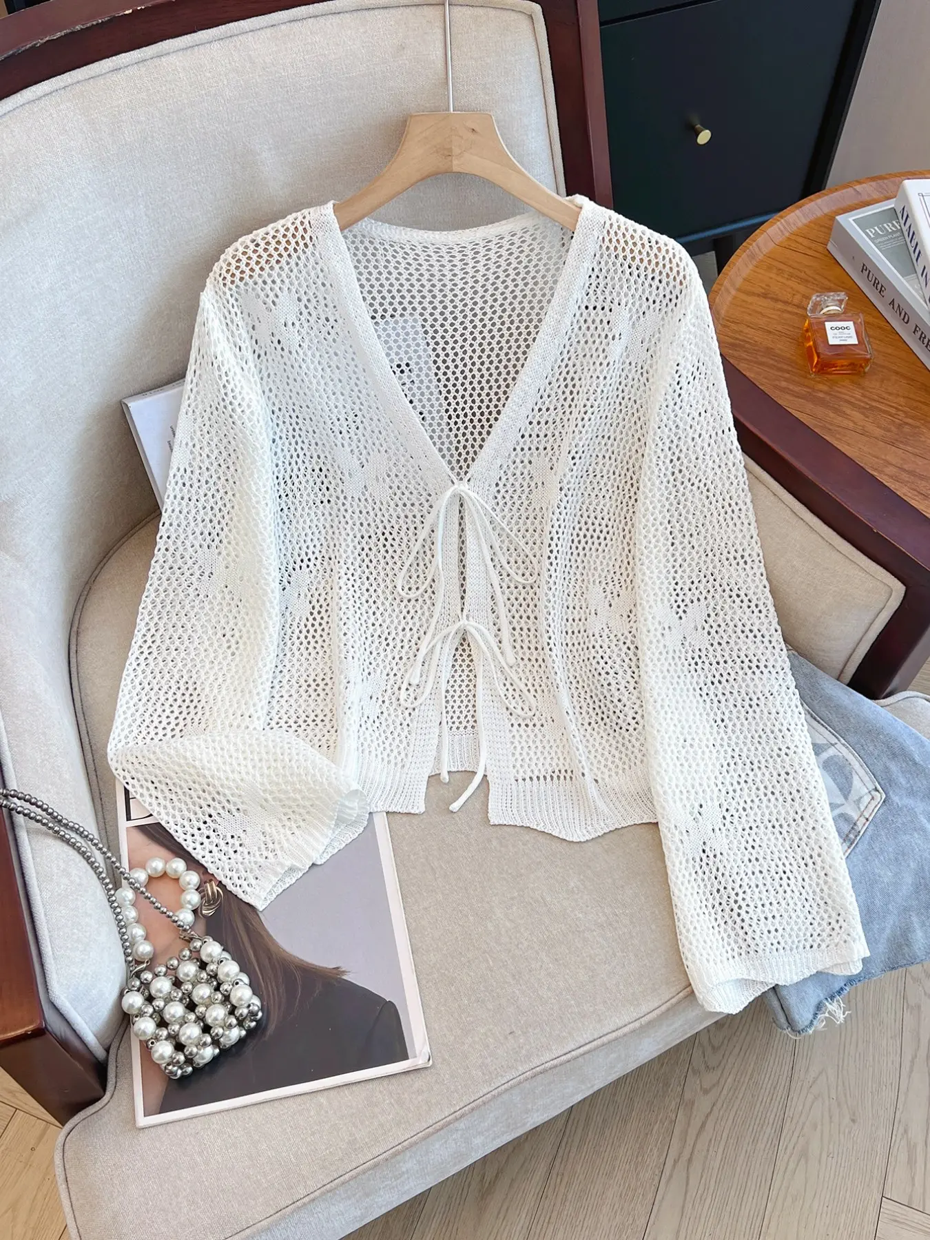 Butterfly Pattern Hollow Out Long Sleeve Knit Cardigan, Summer Cool Casual Loose-Fitting Pullover, Women's Fashion Sweater Knitwear