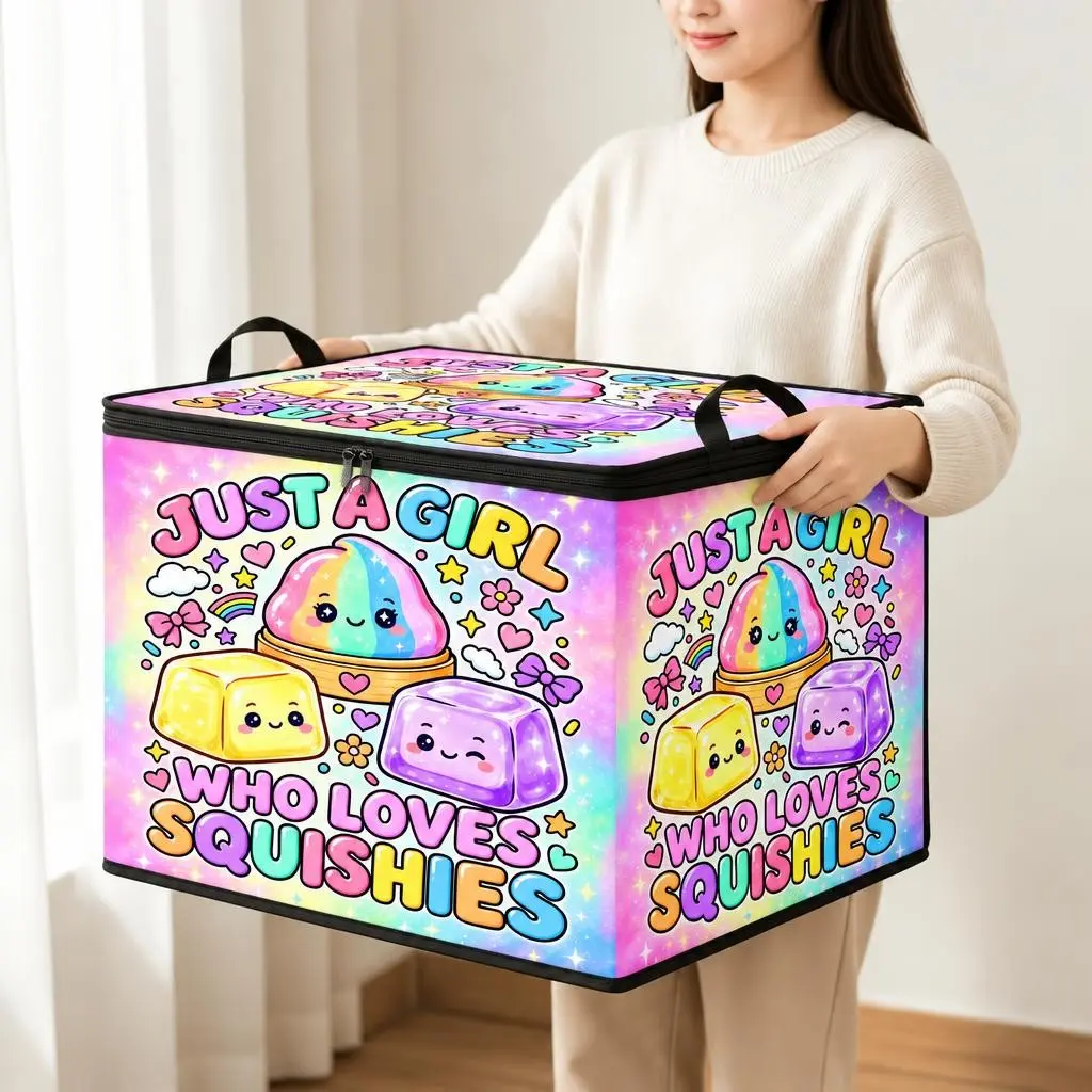 Cute Kawaii Rainbow Pastel Toy Organizer, Just a Girl Who Loves Squishies Storage Box, Adorable Design for Collectors & Kids, Organizer Bins