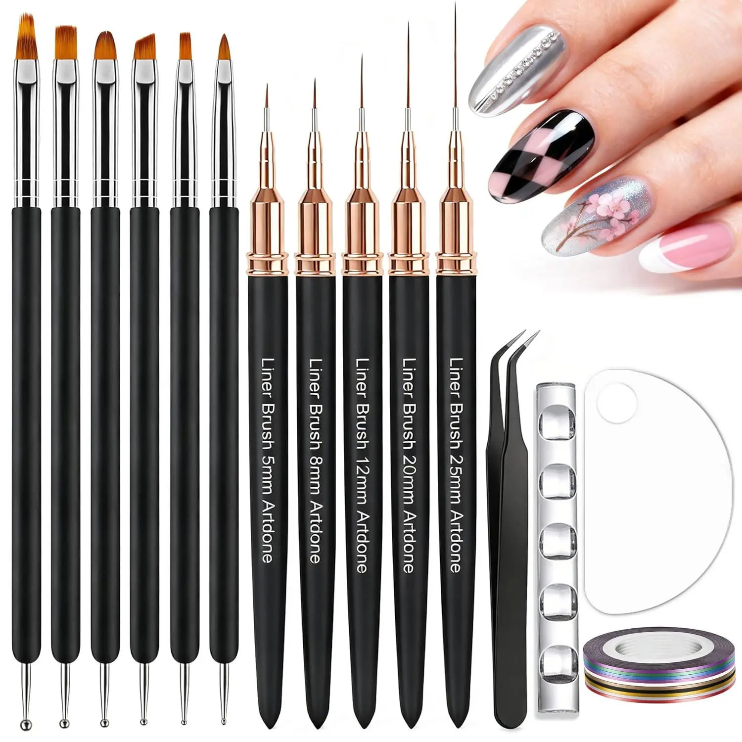 24-Piece Nail Art DIY Tool Set – Includes Double-Ended Nail Brushes, Liner Brushes, Nail Stand, Palette, Tweezers and Decorative Nail Threads – Ideal for Home DIY and Nail Salon Use.