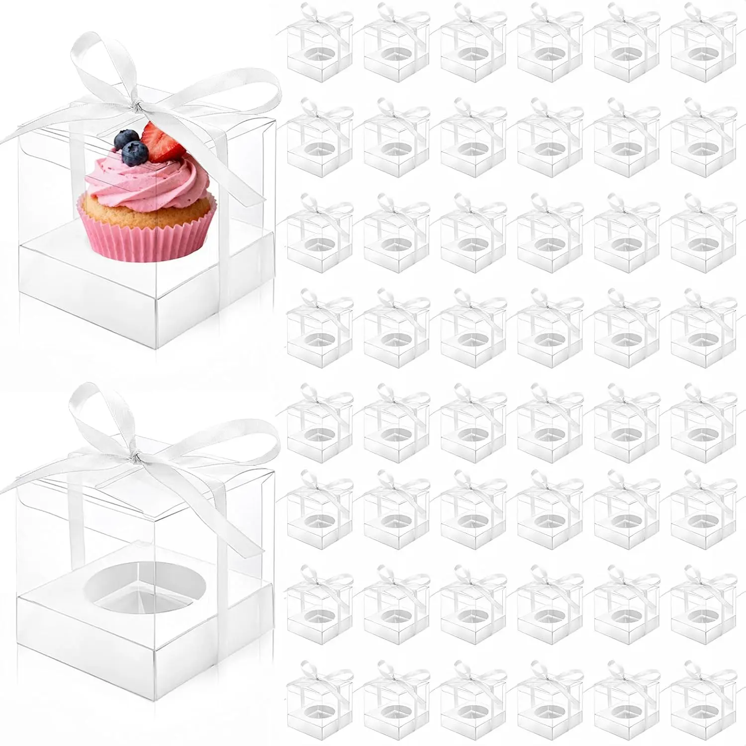 50 count Clear Cupcake Box Individual, 3.5 Inch Plastic Single Cupcake Container, Cupcake Storage Holder Carrier with Ribbons Inserts, Ornament Candy  Box for Mother's Day Party Wedding  Shower