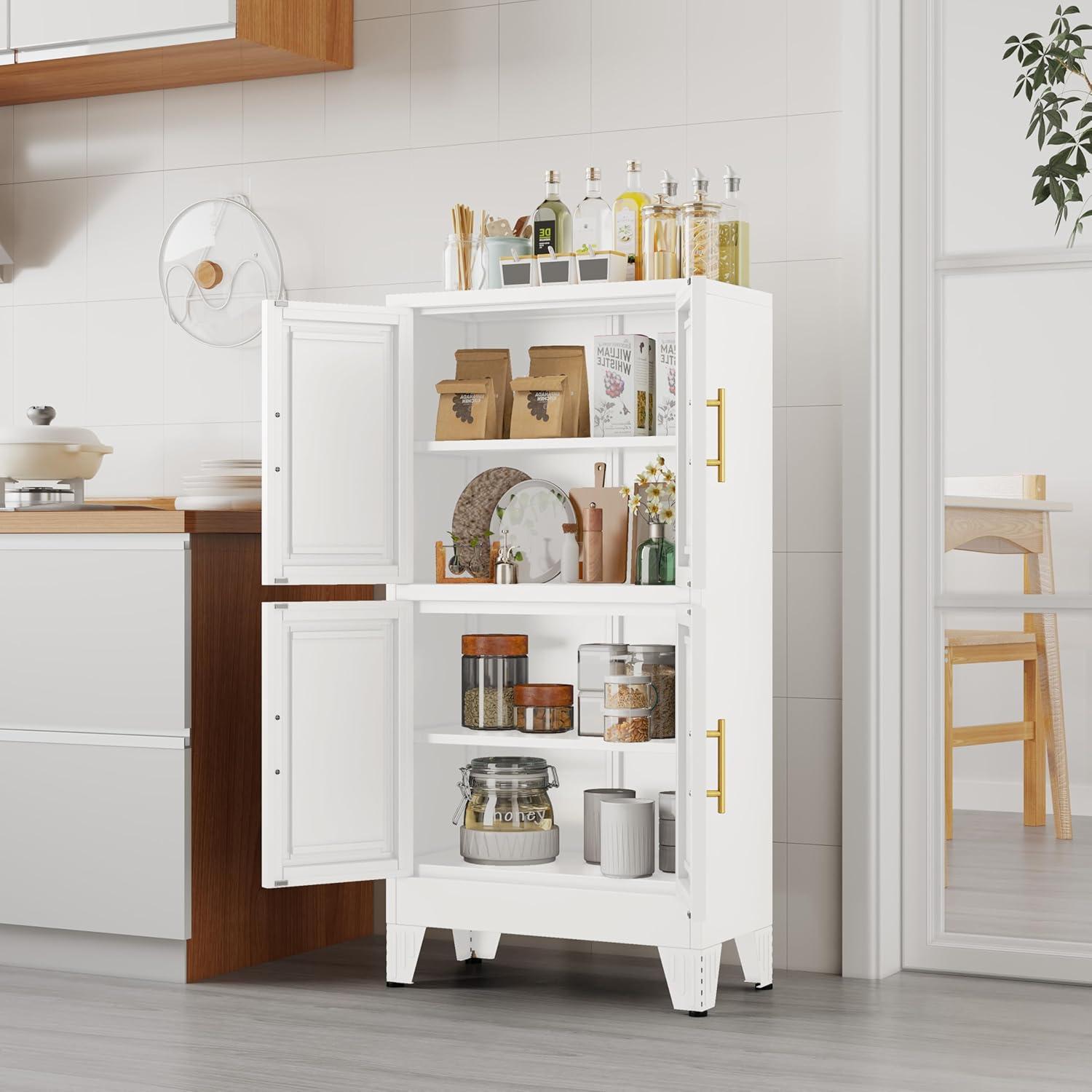 Kitchen Pantry Cabinet 47" Tall Metal Storage with Doors & Adjustable Shelves Black Freestanding Organizer for Kitchen Dining Room Living Room Laundry Room Minimalist Drawer Tower