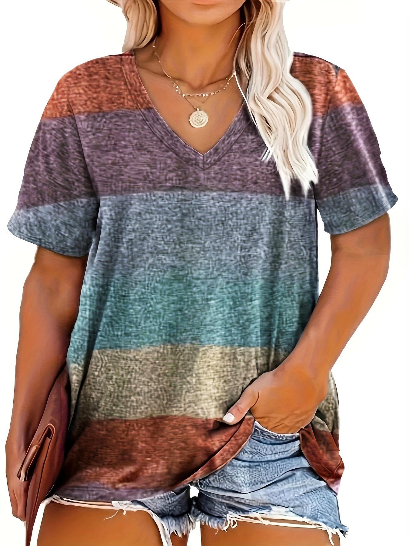 Plus Size Colorful Patchwork Print V Neck Lady Tee, Plus Casual Style Stretchy Fitted Short Sleeve T-Shirt for Summer, Summer Outfits 2024, Women's Plus Clothing for Daily Wear, Everyday, Womenswear