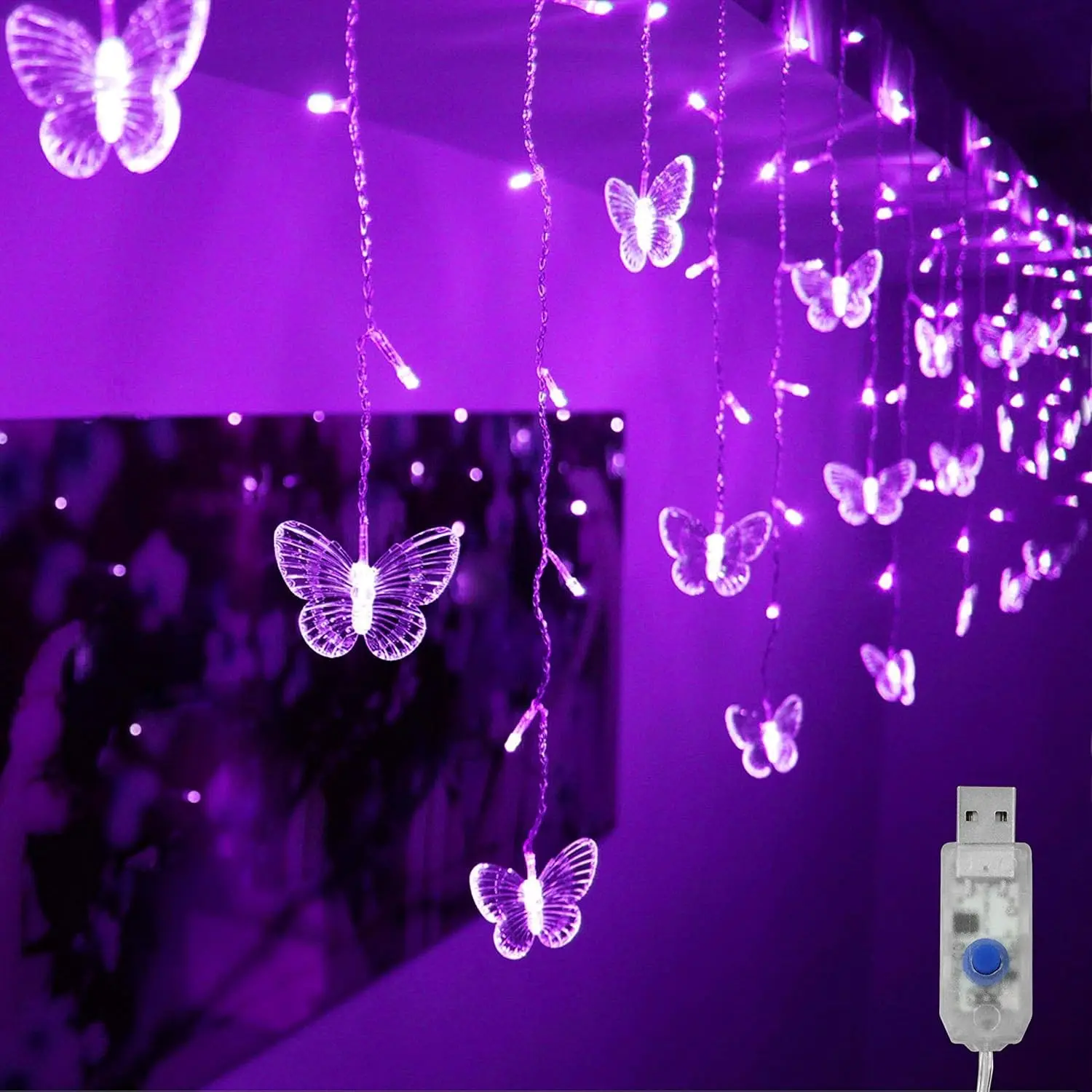 Butterfly Curtain Lights, 48 LED USB Fairy Lights with 10 Butterflies, 8 Modes Twinkle String Lights, 4.9ft, for Bedroom Wall Ceiling Party Wedding Christmas, PurpleGift