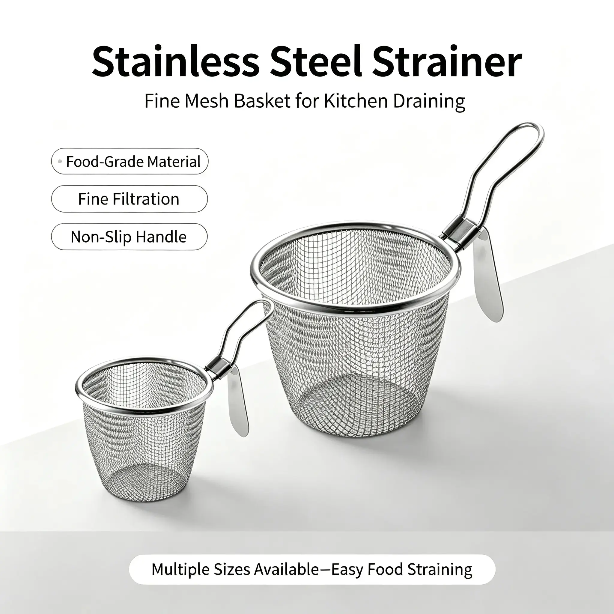 Stainless Steel Fine Mesh Strainer Basket, Deep Frying Basket with Hook Handle, Multipurpose Kitchen Colander for Noodles Dumplings Oil Filter Soup Straining