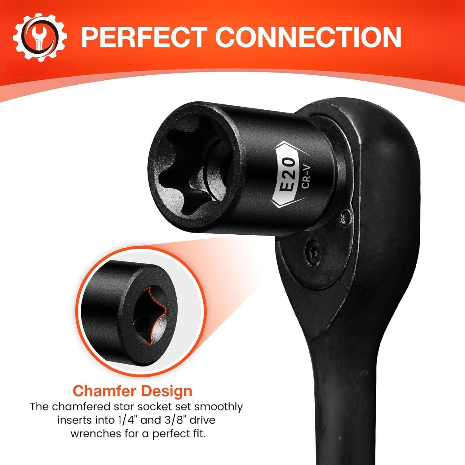 E Torx & Socket Set With Rail, 11- Female External Sockets, 3/8" 1/4" Drive Precision Torque Inverted Torx Kit, E4 E5 E6 E7 E8 E10 E12 E14 E16 E18 E20 Reverse Socket E Torx & Socket Set With Rail, 11- Female External Sockets, 3/8" 1/4" Drive Precision Torque Inverted Torx Kit, E4 E5 E6 E7 E8 E10 E12 E14 E16 E18 E20 Reverse Socket