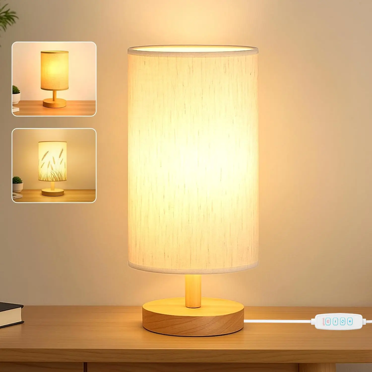 Three-Tone Dimmable Fabric Table Lamp, Adjustable Brightness, Wooden Base, USB Powered, Ideal for Living Room, Bedroom, Desk Lighting