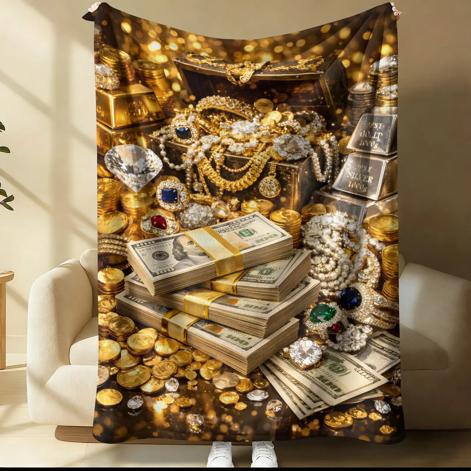 Premium, luxurious Flannel Blankets Featuring Prints of US Dollars,Gold brick, and Jewelry—the perfect gift for entrepreneurs and those aspiring to wealth, symbolizing boundless prosperity. Suitable for use as a sofa throw or a nap blanket.
