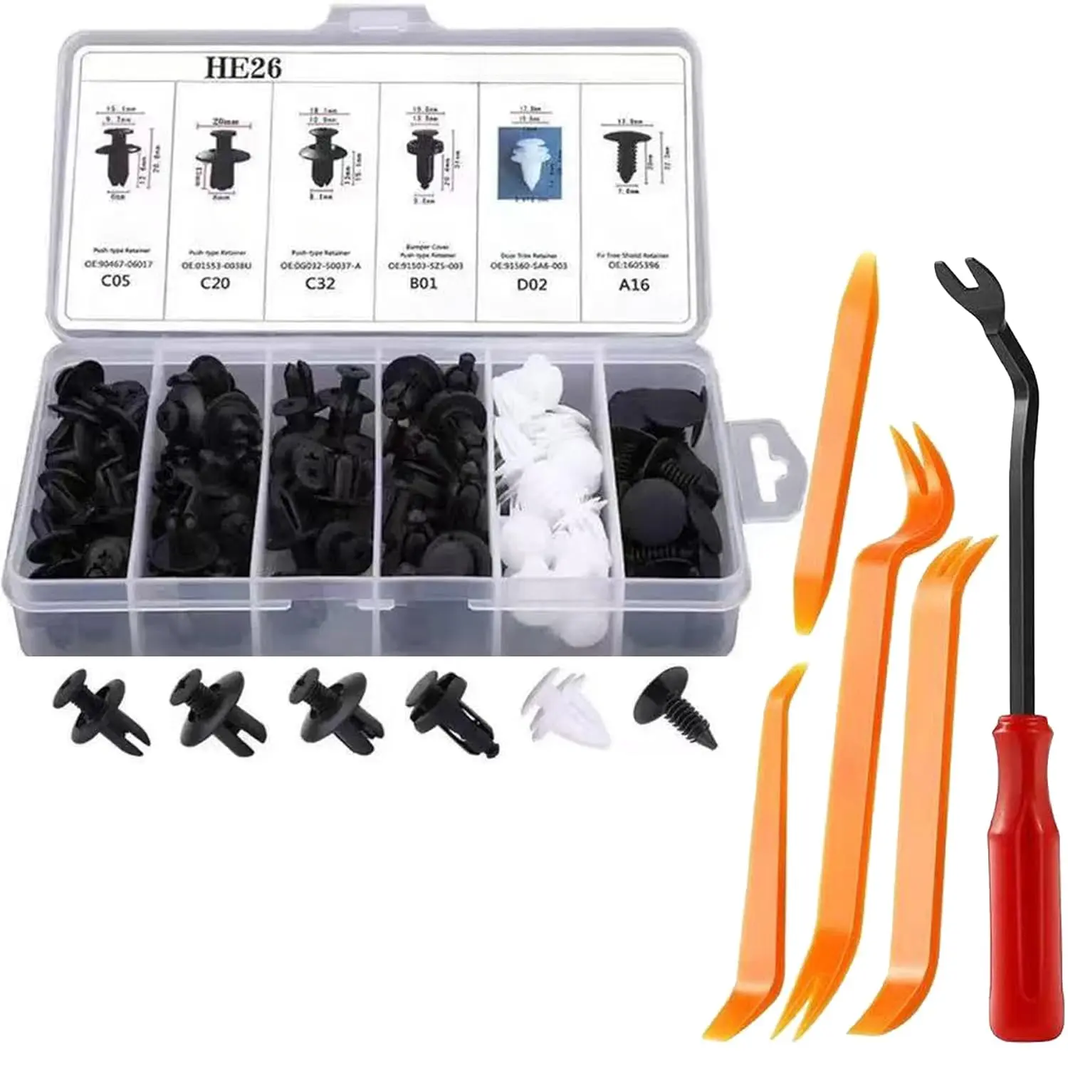 120 Pcs Car Bumper Push Retainer Clips 6 Type Nylon Fasteners Rivet Replacement Kit with 5 Fastener Removers Included.