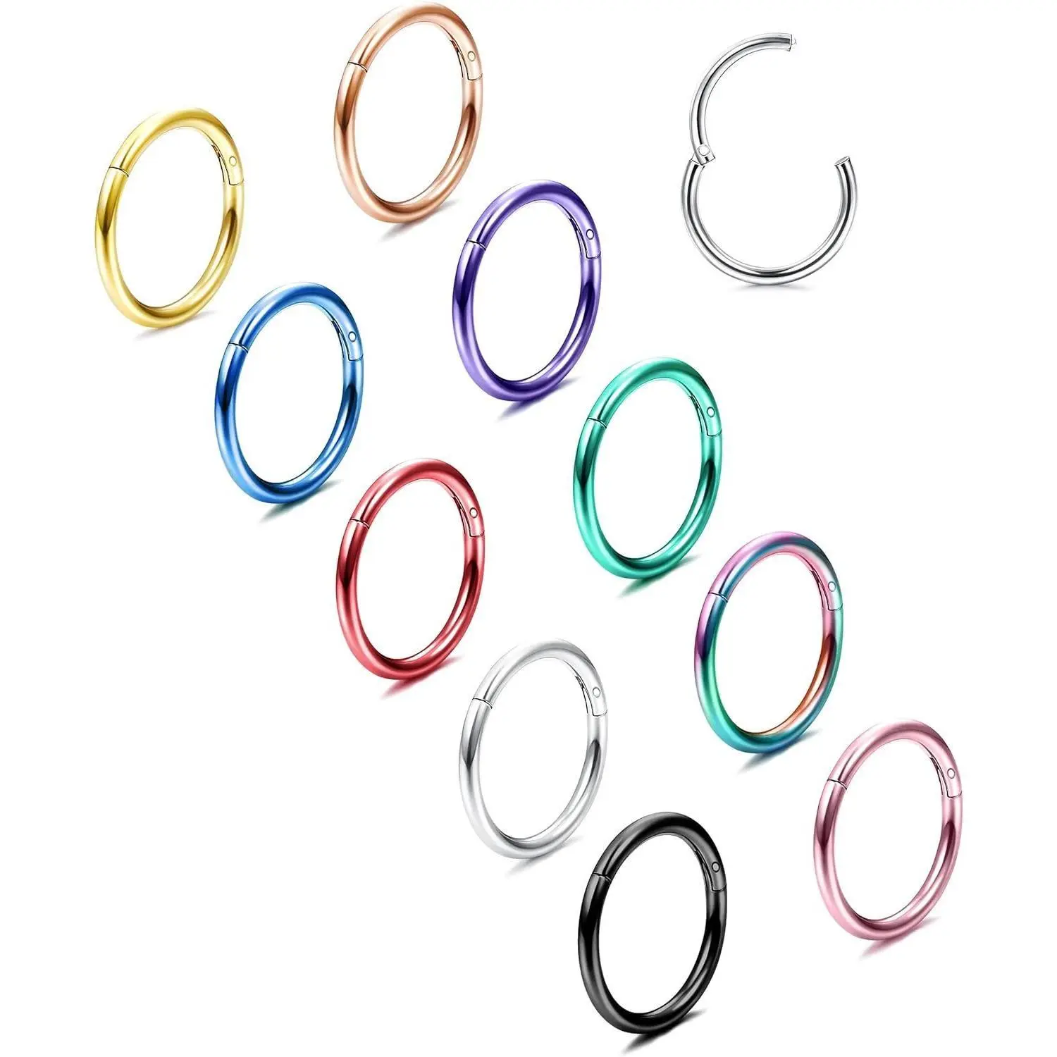 10Pcs Unisex Segmented Surgical Steel Hinged Clicker Nose & Cartilage Rings Set - 16G/18G, Multi-Color Seamless Hoops, 8-12mm Nose Piercing Jewelry for Casual Daily Wear