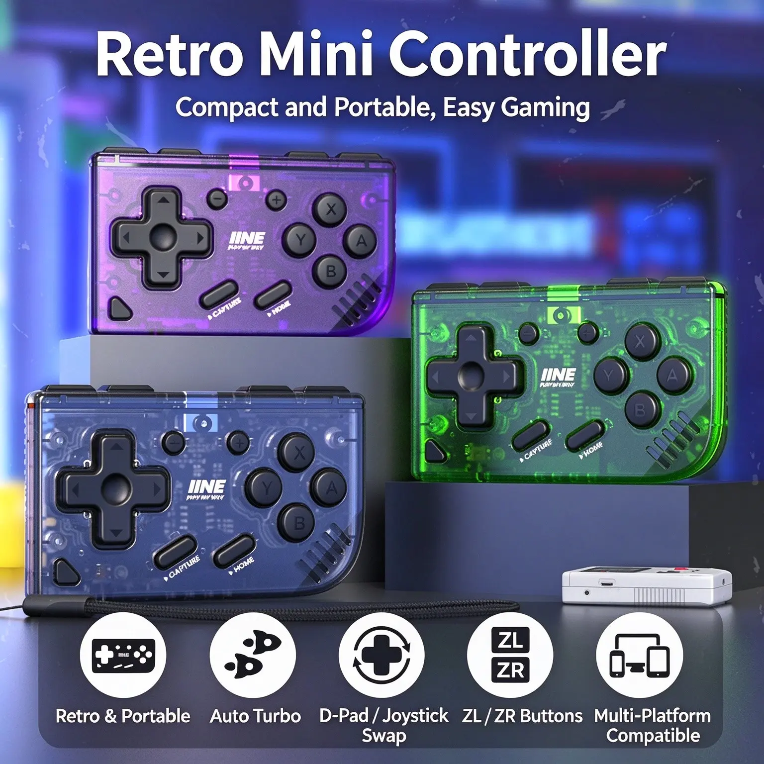 IINE Retro Mini Controller, Transparent Wireless Bluetooth-compatible Handheld Gamepad, Compatible with Switch, Android, iOS, PC, Anki, NS