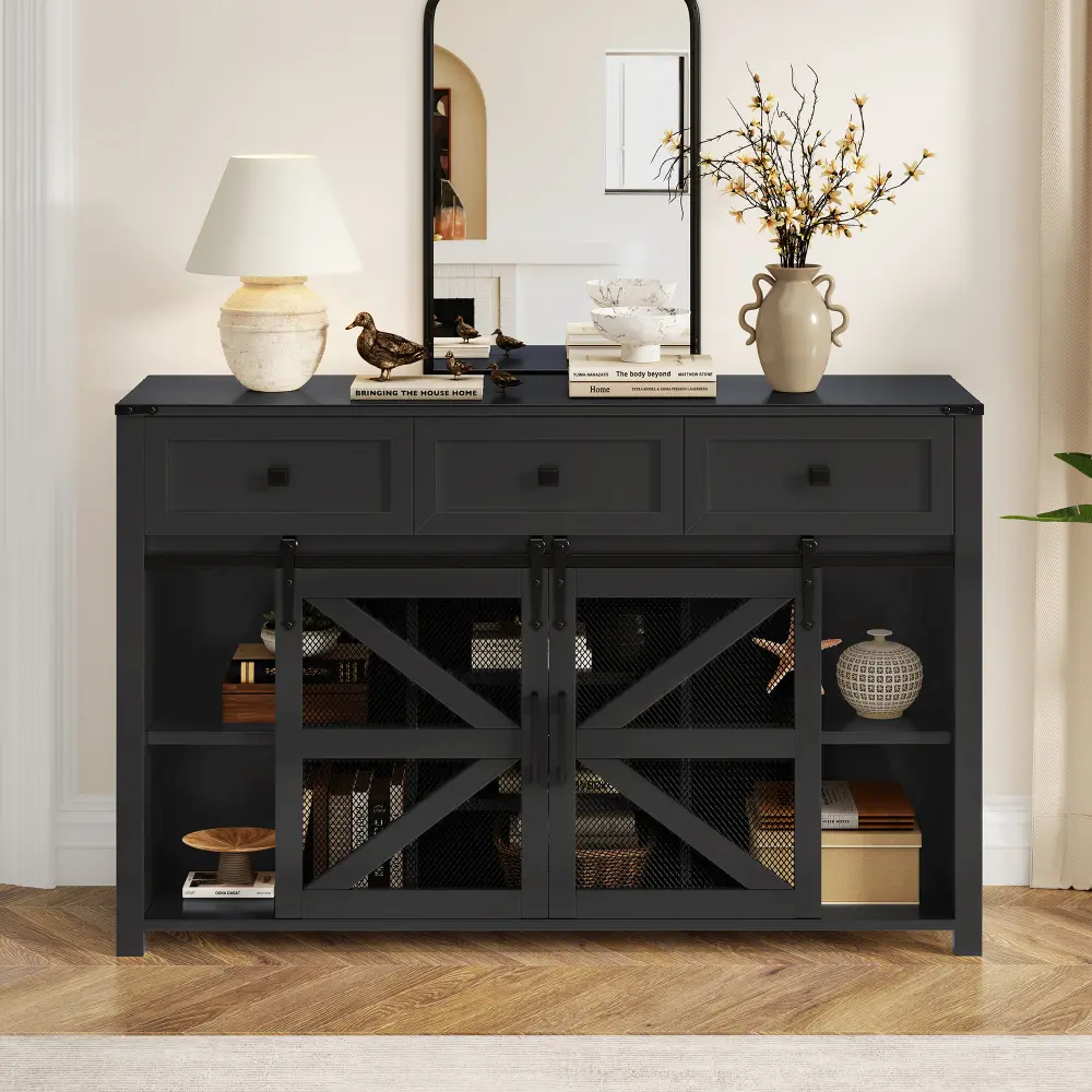 U-Style 55-Inch Rectangular Industrial Farmhouse Sliding Doors Durable Indoor Cabinet - Sideboard Buffet with 3 Drawers, Adjustable Shelves, Metal Mesh Panels, Particle Board Body, Aluminum Handles for Living Room, Dining Room
