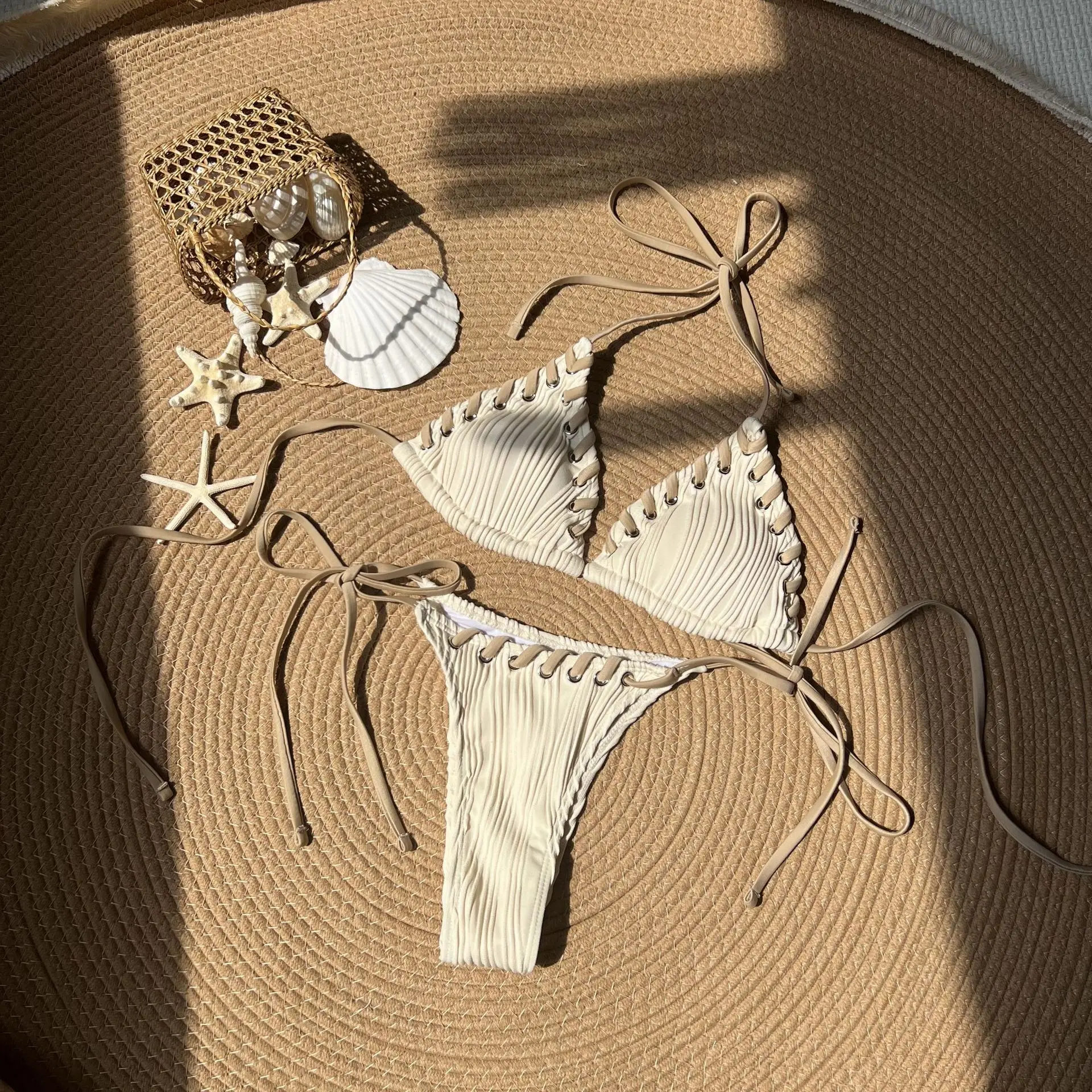Ribbed Wave Textured Lace-Up String Bikini Set for Women, Contrast Trim Halter Tie Top & Side Tie Cheeky Bottom, Solid Color Two Piece Resort Bathing Suit beach vacation fashion couple beachwear casual fruit print swim top match swimsuit thong  style