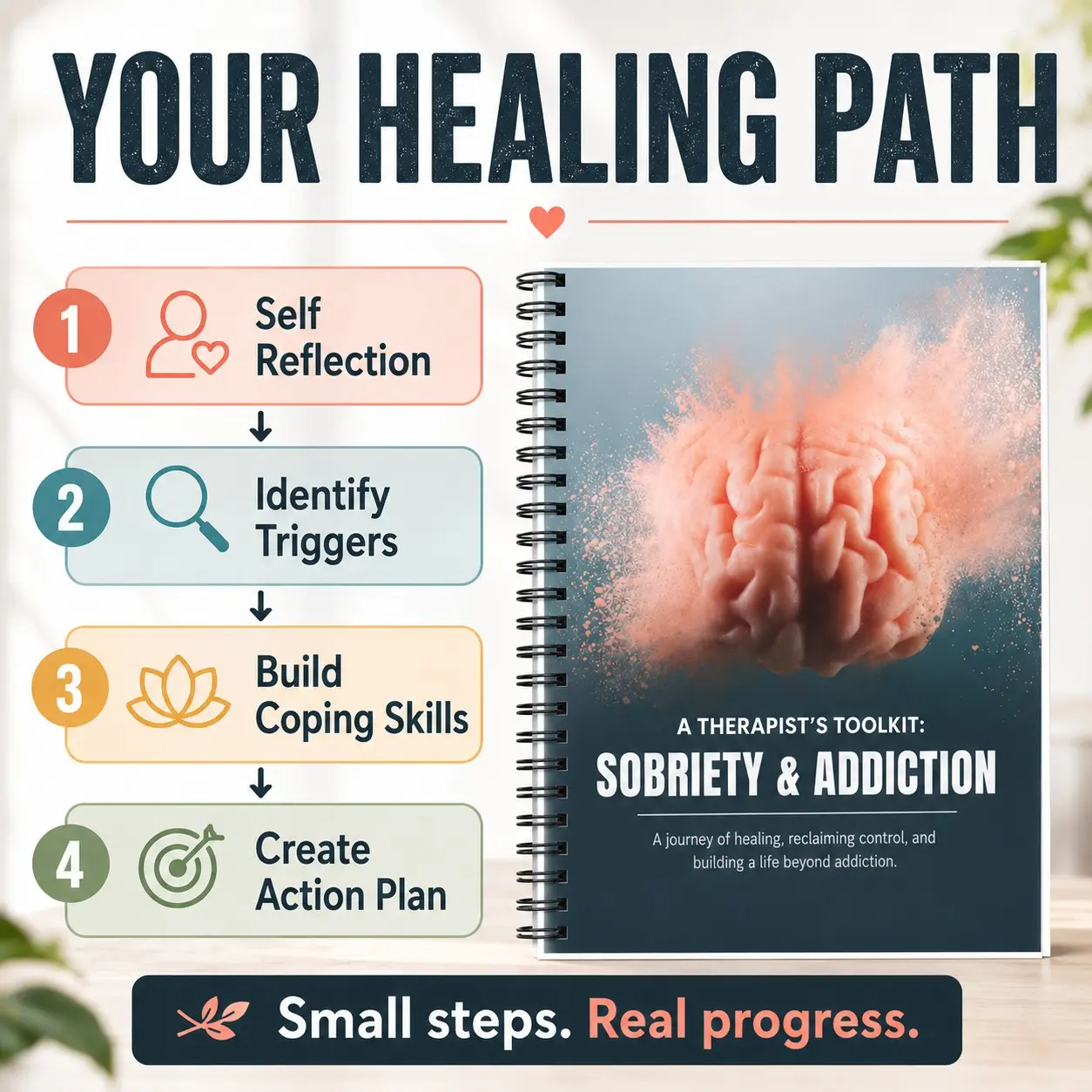 1PC Sobriety & Addiction Recovery Support Workbook | Spiral Bound Self-Reflection Journal for Adults | Guided Prompts, Trigger Tracker, Coping Skills & Action Plan Notebook for Daily Recovery Routine | Self Improvement Journal