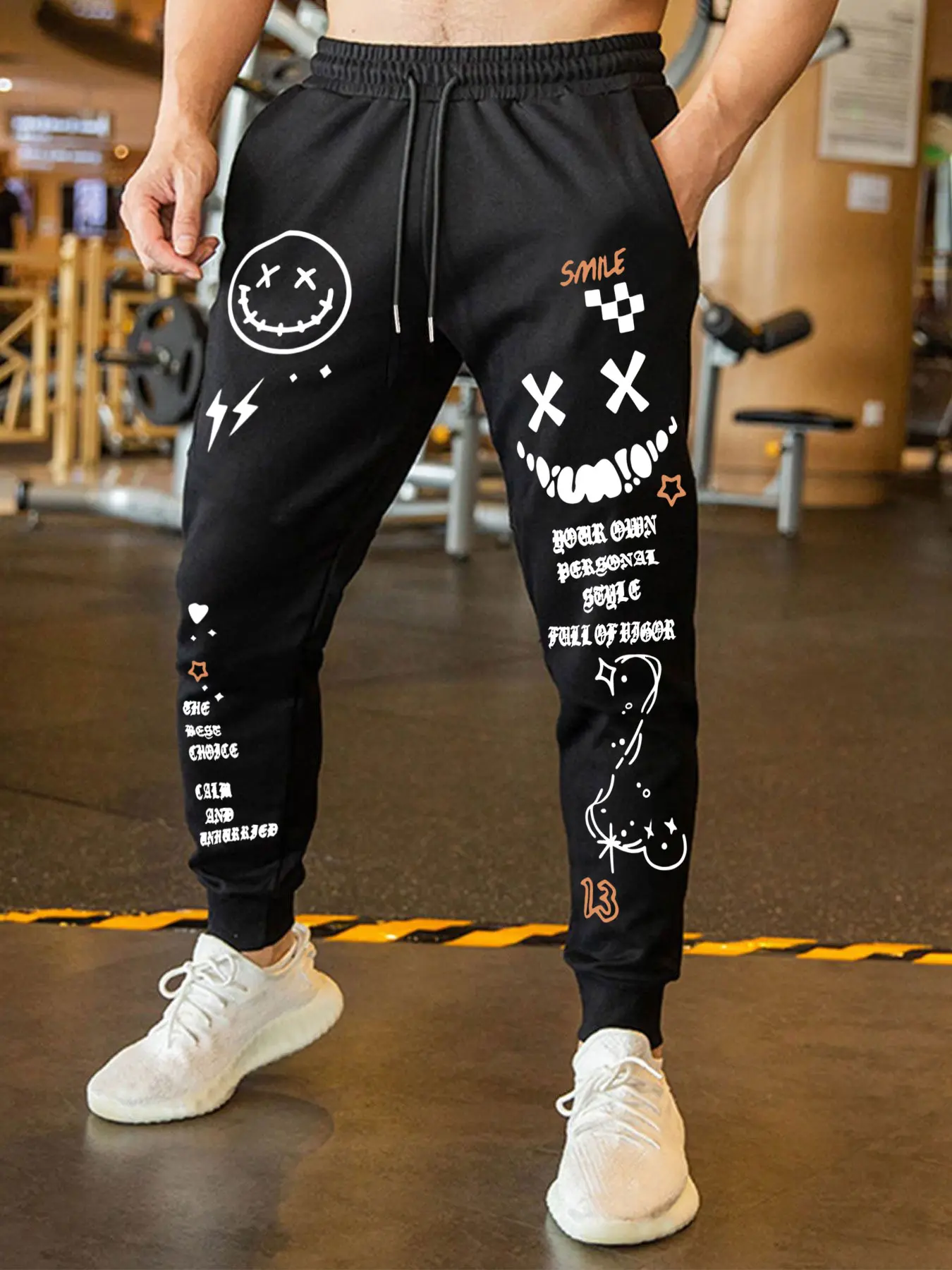 Men's Dark Smiley Graffiti Jogger Pants, Gothic Aesthetic Streetwear, Unique Print & Cool Design, Sporty Casual All Seasons