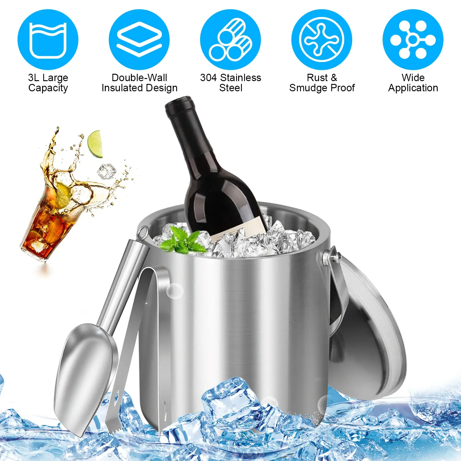 3L Ice Holder Ice Container Double-Wall Stainless Steel Insulated Ice Bucket 3L Ice Holder Ice Container with Lid Scoop Strainer Handle for Wine Champagne Beer Parties Cocktails