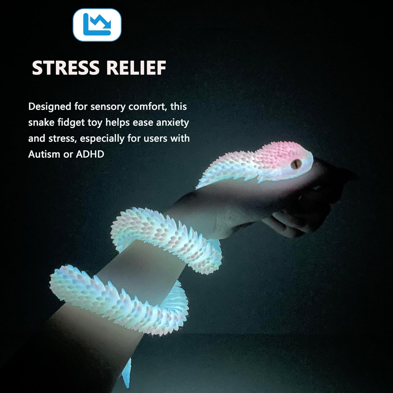 We recommend a cute 60CM long articulated and realistic eye, [PLA high-quality 3D printed] Viper model with gradient crystal glow-in-the-dark rainbow color. This flexible 3D printed animal is a creative and interesting holiday gift for friends and also a