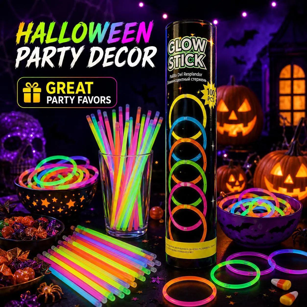 100 PCS Mixed Color Magical Glow Sticks Bulk Pack - Neon Light-Up Bracelets with Connectors, DIY Fluorescent Sticks, Camping & Hiking, Halloween Night Event Decor Supplies