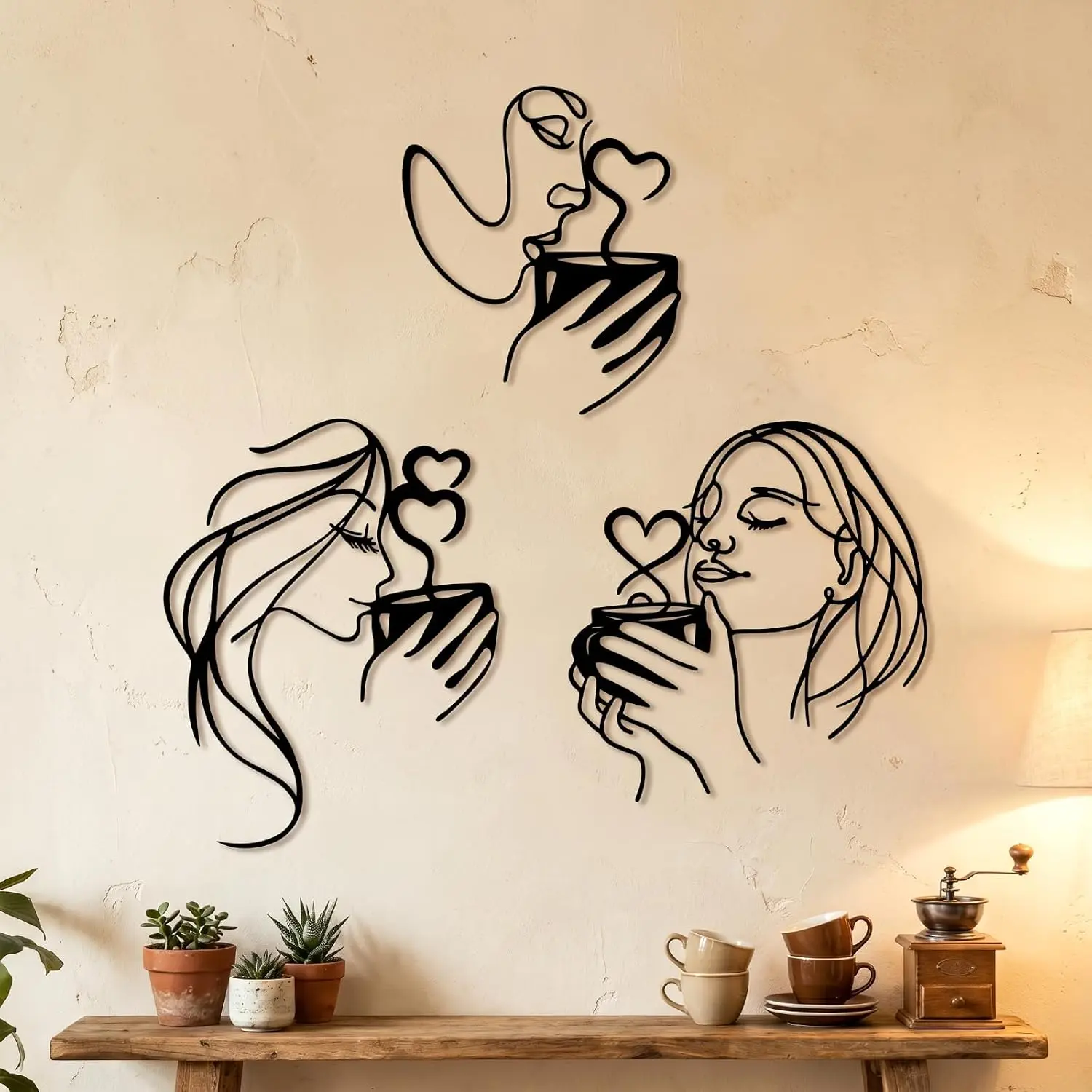 Pelopy 3-Piece Artistic Metal Coffee Wall Art Set, Multi-Size Coffee Woman Wall Sculptures, Minimalist Modern Line Decoration for Living Room, Bedroom, Line Art