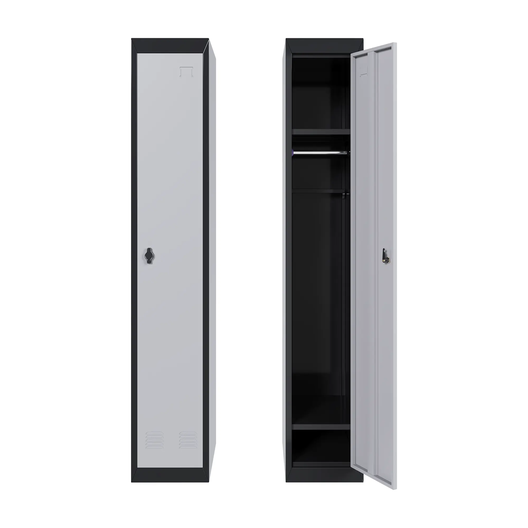 Heavy-Duty Steel Office Storage Locker Cabinet – 71 Inch Tall, Slim Design, Lockable Door, Hanging Rod, Adjustable Shelves, Rust-Resistant, Ideal for Small Spaces in Office, School, Gym, Home – Grey & Black