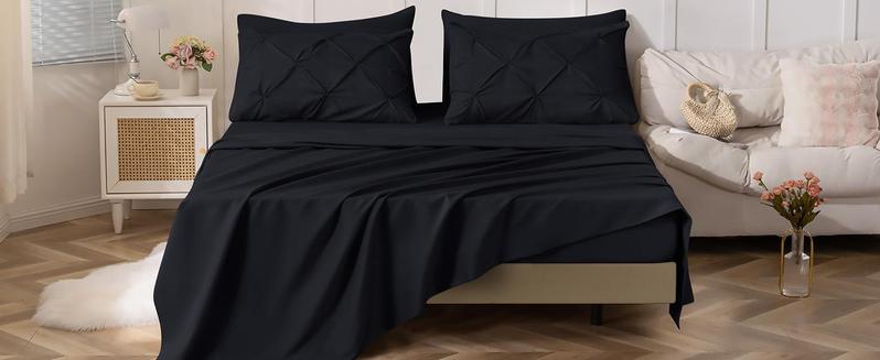 Queen Comforter Set of 7 Pieces-Bed in a Bag for Queen Size, All Season, Pintuck Bedding with Comforter, Flat Sheet, Fitted Sheet, Pillowcases and Shams, Black