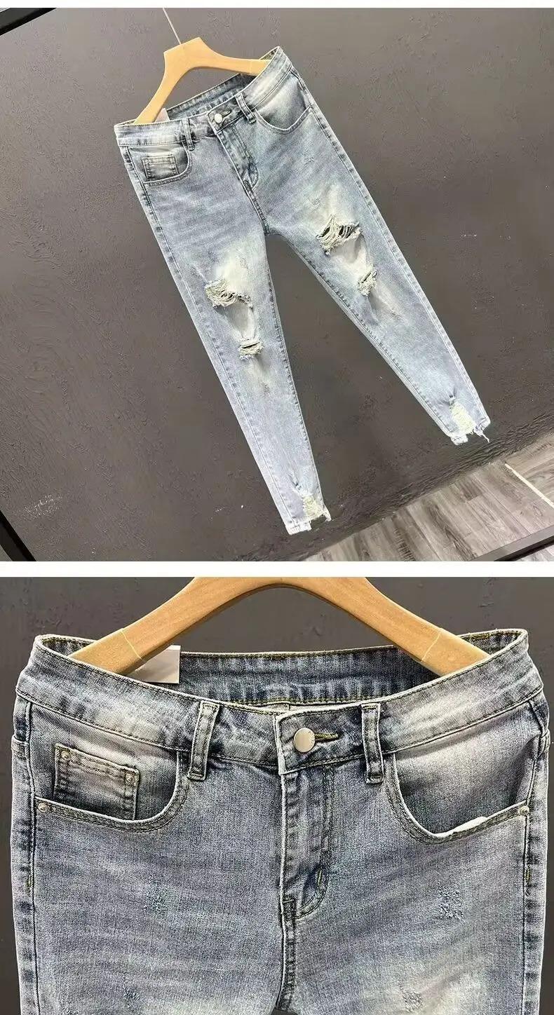 Luxury Fashion Designer Clothes Ripped Jeans Men's Trendy Brand Summer Ruffian Handsome Slim-fit Pants Elastic Thin Pants