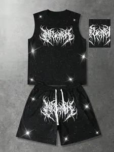 Men's Black Rhinestone Studded 2-Piece Outfit, Gothic Metal Letter Print Sleeveless Tank Top and Drawstring Shorts Set, Dark Streetwear Co-ord for Hip Hop, Y2K and Nightclub Style