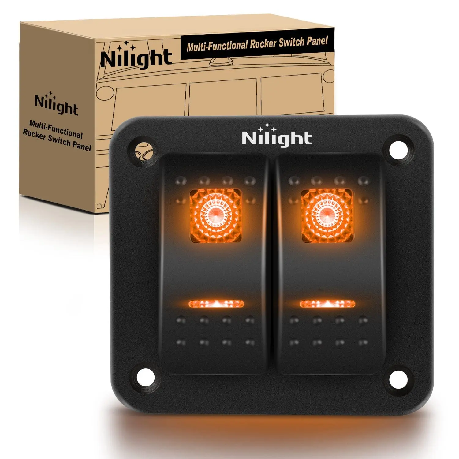 Nilight 2-Gang Aluminum 5-Pin ON/OFF Rocker Switch Panel with Orange LED Light Backlight, Waterproof ABS Build, 12V/24V DC Short-Circuit Protection, 1 Set of DIY Stickers for Easy Installation, for Car, Yacht, Marine Use