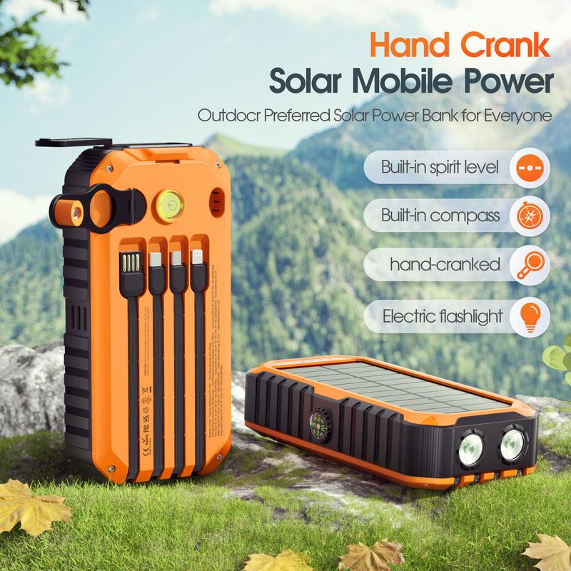 Solar Charger Power Bank 40000mAh with Hand Crank & Built-in 4 Cables, Portable Phone Charger & Solar Power Bank, 22.5W Fast Charging, 6 Outputs & 4 Inputs, Flashlight & Compass for Outdoors
