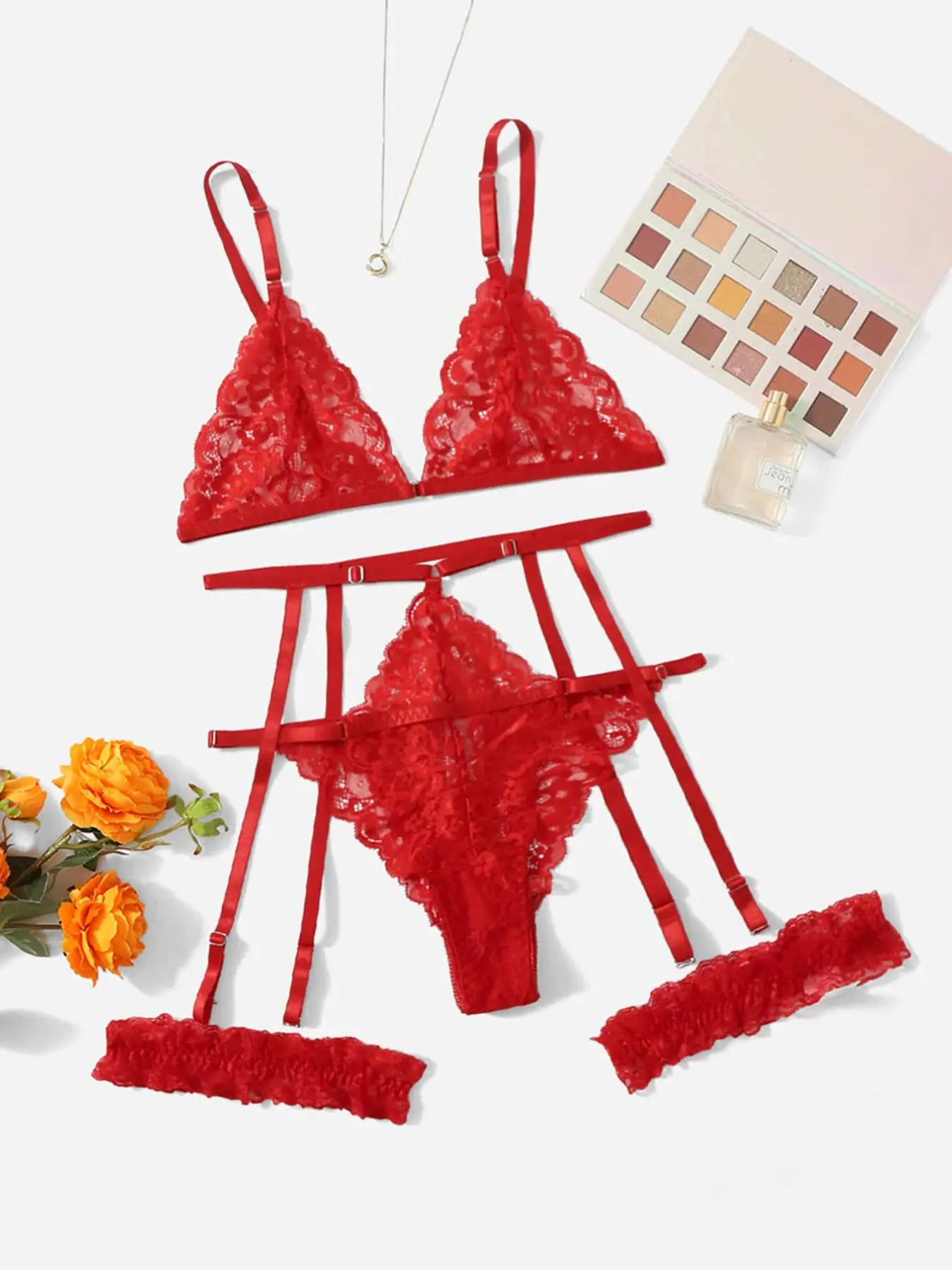 Lace Teddy Bodysuit Set with Strap Belt and Leg Straps, Lightweight Elegant Doll Design for Bridal Special Occasions and Romantic Nights, Lingerie, Lady, Underwear