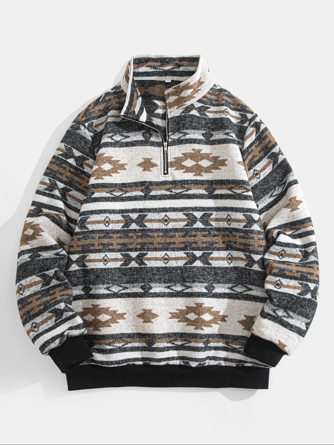 Men's Ethnic Pattern Half-Zip Mock Neck Jacket, Loose Casual Long Sleeve Zip Front Outerwear for Winter, Men's Winter Clothes for Daily Wear, Zippered Jacket