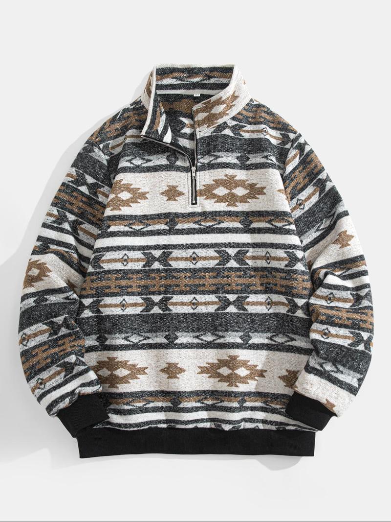 Men's Ethnic Pattern Half-Zip Mock Neck Jacket, Loose Casual Long Sleeve Zip Front Outerwear for Winter, Men's Winter Clothes for Daily Wear