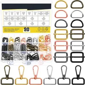 90 count D Ring Swivel Lobster Clasp and Metal D Ring, Rectangle Sliding Buckle for Belts Bags Hand DIY,  Color