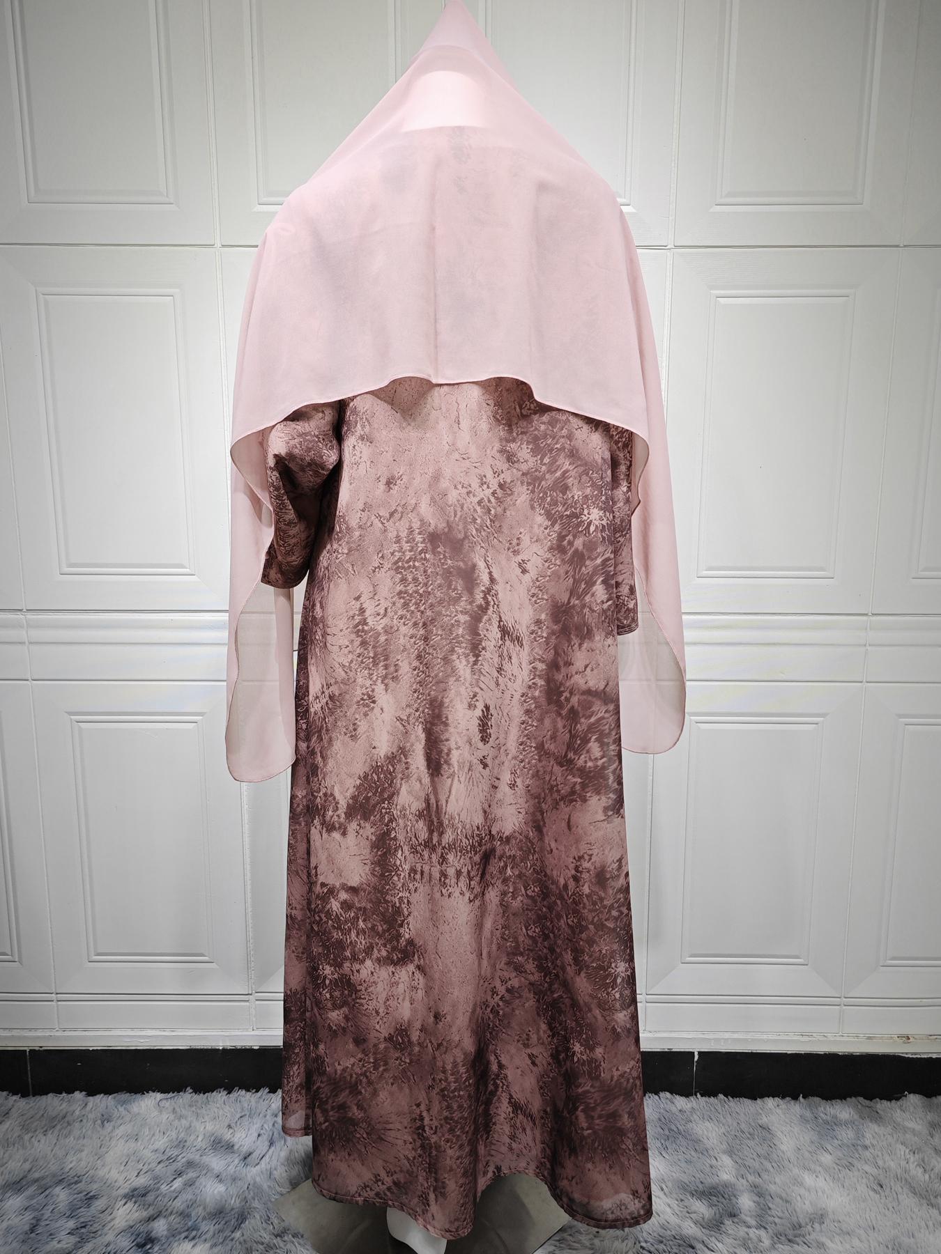 Elegant Women's Open with Tie Dye Print and Headscarf, Long Sleeve Casual Style for All Seasons, Muslim Fashion, Abaya Hijab Set, Modesty Muslim Clothing, Modest Muslim Outfits