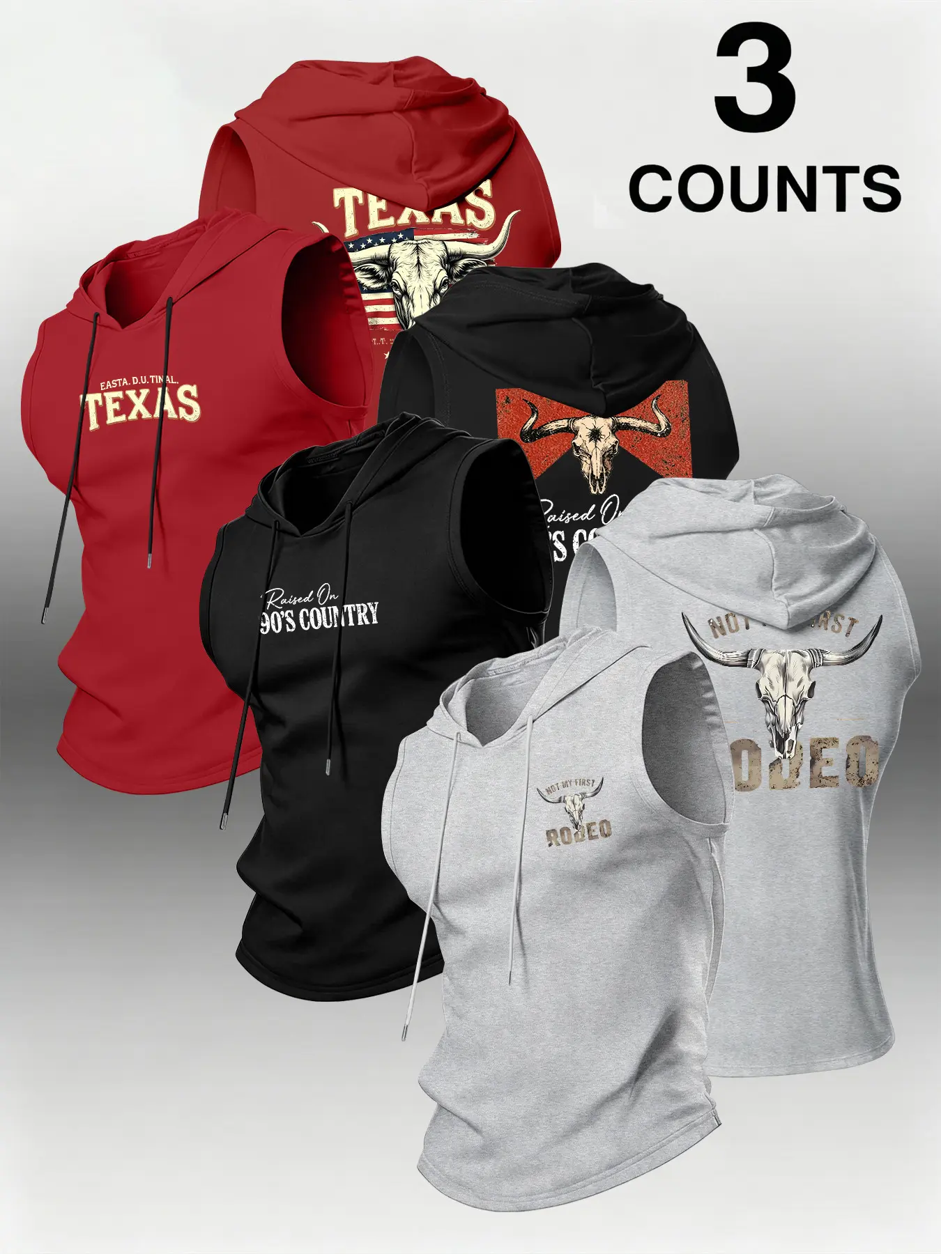 3-Pack Western Texas Skull Print Hooded Tank Tops, Athletic Tank, Sports Tank Top, Athletic Style Activewear, Workout Clothing, Quick-Dry Breathable, Street Style, Unisex Fitness Outdoor Wear, Retro Vintage Design