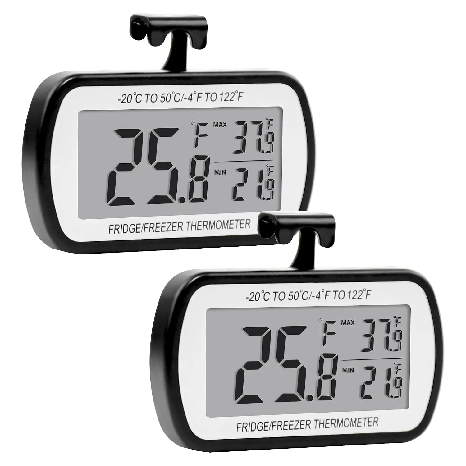 2 Pack Refrigerator Fridge Thermometer Digital Freezer Room Thermometer  Large LCD Display Max/Min Record Function-Black