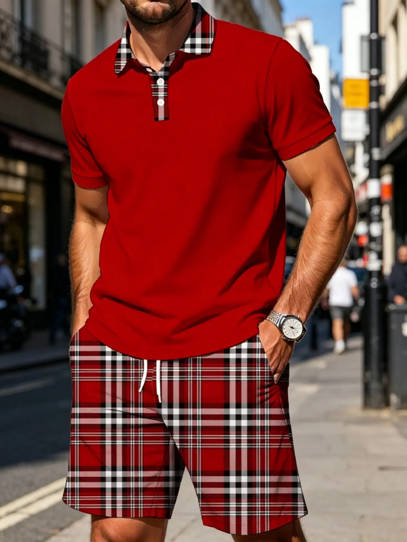 Summer Men's Plaid Patchwork Matching Sets, Plaid Collar Polo Shirt + Plaid Shorts, Casual Two-Piece, Pocket, Drawstring Waist, Gift Idea