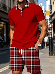 Summer Men's Plaid Patchwork Set, Plaid Collar Polo Shirt + Plaid Shorts, Casual Two-Piece, Pocket, Drawstring Waist, Gift Idea
