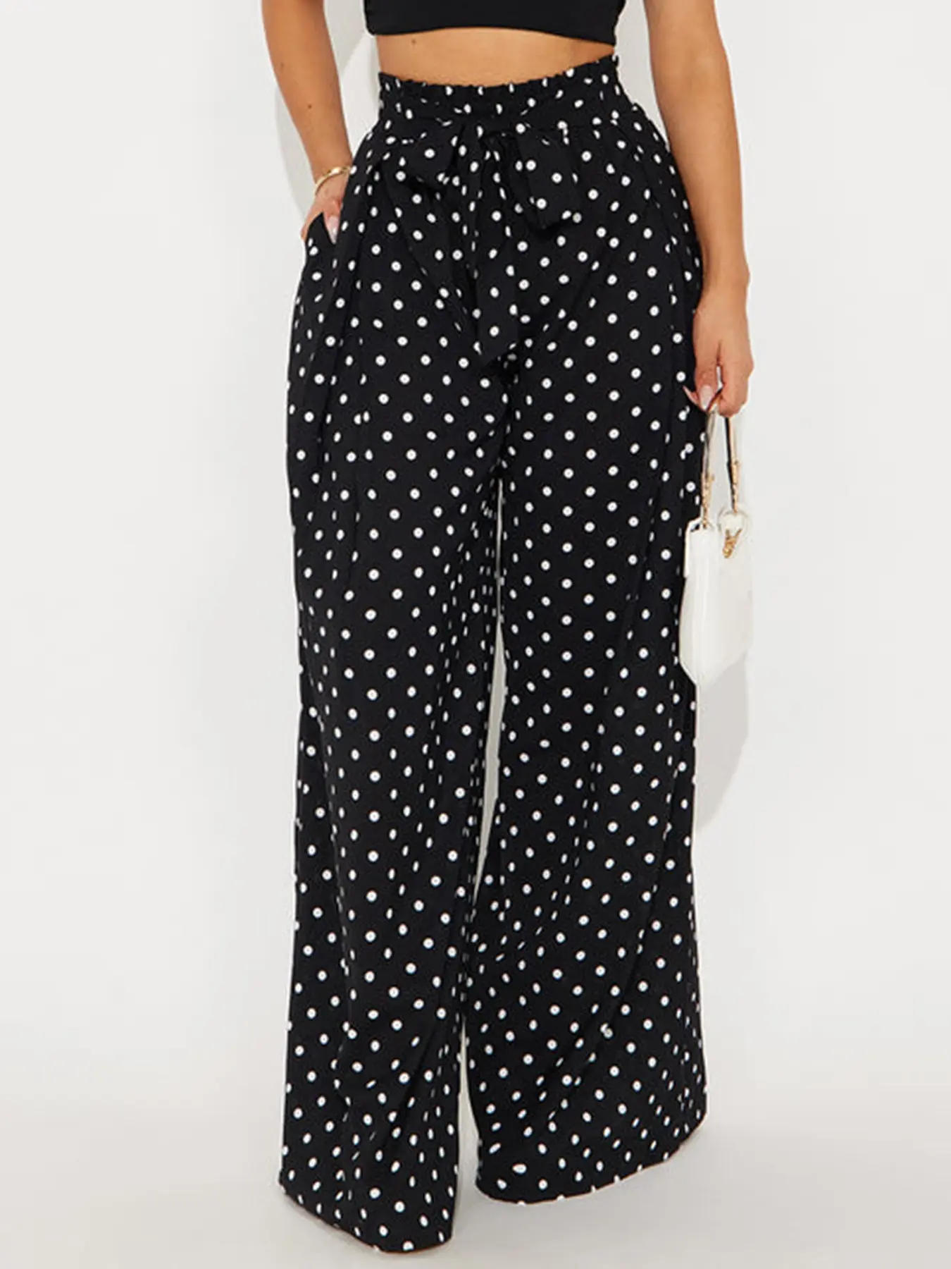 Polka Dot Bow Waist Wide Leg Pants, High-Waisted Elastic Waist, Side Pockets, Loose Fit, Casual Straight Leg Trousers, Summer Daily Wear